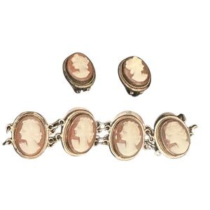 Vintage Cameo Link Bracelet and Clip-On Earrings - Brown and Cream Cameo